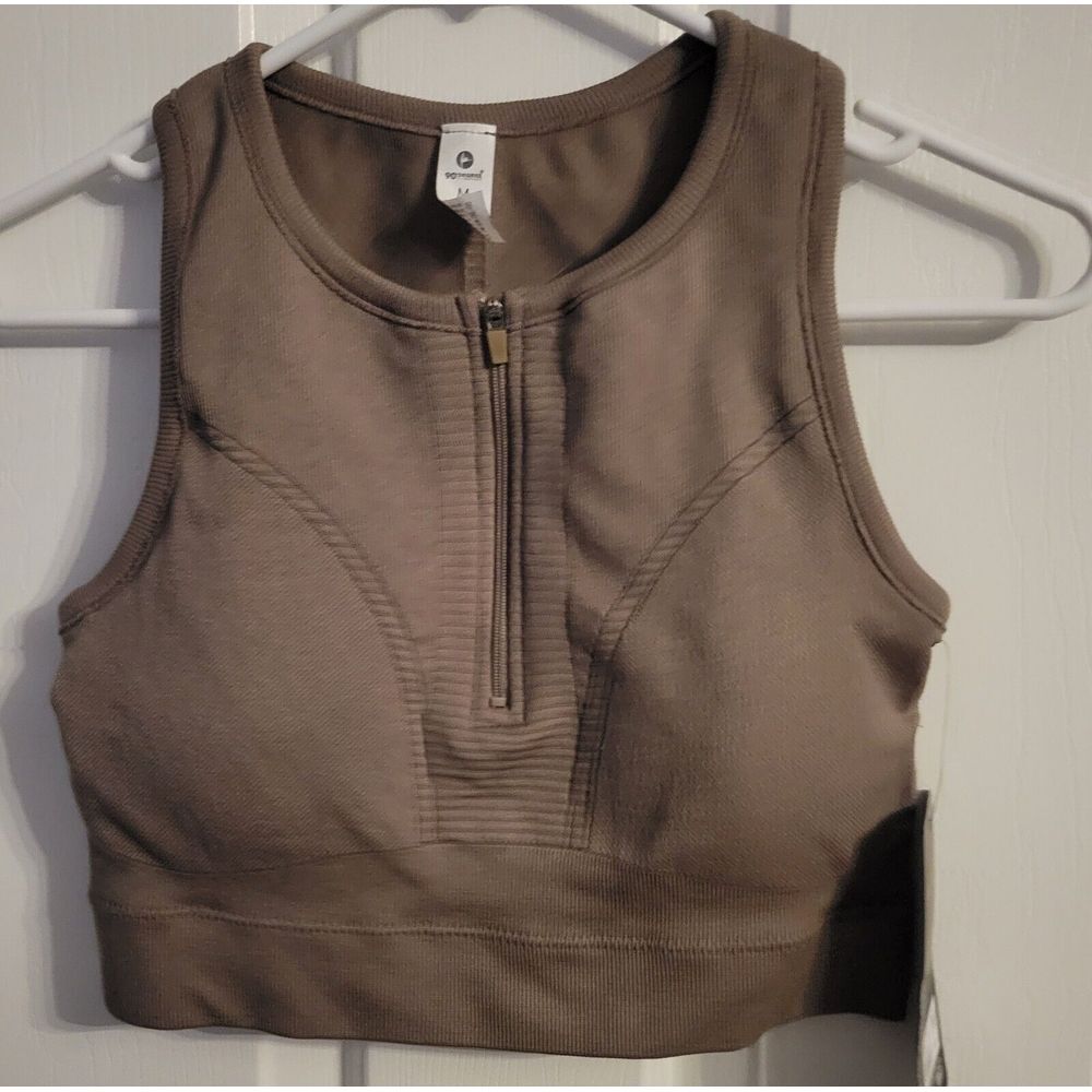 90 Degree By Reflex Sports Bra Crop Top Brown Zip‎ Front Padded Athleisure M NWT